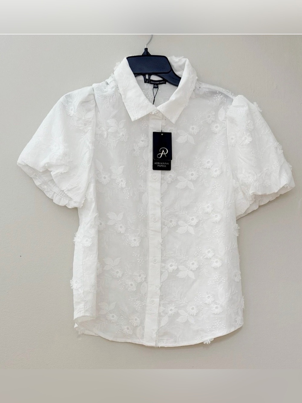 Adrianna Papell White Floral Eyelet Button-Down Shirt -L